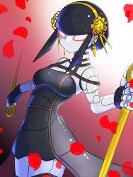 Rule 34 | 1girl, breasts, glowing, glowing eyes, highres, holding, holding knife, humanoid robot, knife, looking at viewer, mechanization, medium breasts, petals, red background, robot, science fiction, solo, spy x family, yor briar, zundarahagezou
