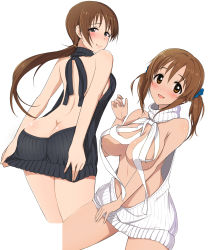 Rule 34 | 10s, 2girls, :d, ass, backless outfit, bare arms, bare back, bare shoulders, black ribbon, black sweater, blush, breasts, butt crack, cleavage, closed mouth, convenient censoring, cropped legs, grey eyes, hair ornament, hair scrunchie, hair tie, head tilt, highres, idolmaster, idolmaster cinderella girls, large breasts, looking at viewer, looking back, low twintails, medium breasts, meme attire, multiple girls, naked sweater, natsuya (natuya777), nitta minami, open mouth, ribbon, scrunchie, short twintails, sideboob, simple background, sleeveless, smile, standing, sweater, tareme, totoki airi, turtleneck, turtleneck sweater, twintails, virgin killer sweater, wardrobe error, white background, white ribbon, white sweater, you&#039;re doing it wrong