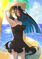Rule 34 | 1girl, absurdres, alternate costume, animal ears, arm up, armpits, bare shoulders, black hair, black one-piece swimsuit, blurry, blurry background, closed mouth, colored inner hair, cowboy shot, hair between eyes, hand on headwear, hat, highres, holding, holding swim ring, horse ears, horse girl, horse tail, innertube, kinunezu (taishin 315), long hair, looking at viewer, manhattan cafe (umamusume), multicolored hair, one-piece swimsuit, outdoors, smile, solo, split mouth, standing, straw hat, streaked hair, swim ring, swimsuit, tail, umamusume, yellow eyes