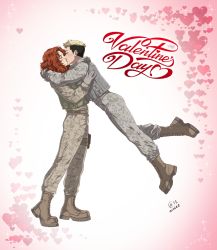 Rule 34 | 2girls, arms around neck, autumn-sacura, black hair, blonde hair, borrowed character, brown footwear, camouflage, from side, gloves, grey gloves, happy valentine, heart, heart background, highres, kiss, military, military uniform, multiple girls, original, red hair, reverse trap, short hair, signature, soldier, uniform, very short hair, vest, wavy hair, yuri