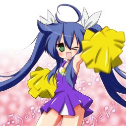 Rule 34 | 00s, 1girl, :3, ahoge, alternate hairstyle, bad id, bad pixiv id, bare shoulders, blue hair, blush, cheerleader, gradient background, green eyes, hair ribbon, izumi konata, long hair, looking at viewer, lucky star, mizushima (p201112), mole, mole under eye, musical note, one eye closed, open mouth, pink background, pom pom (cheerleading), ribbon, solo, star (symbol), twintails, wink