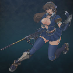 Rule 34 | 1girl, armor, azure (armor), belt, blue thighhighs, boots, breasts, brown hair, capcom, choker, cleavage, earrings, elbow gloves, fantasy, female focus, full body, gloves, gradient background, gun, hairband, hoop earrings, jewelry, knee boots, large breasts, long hair, lowres, midriff, monster hunter, monster hunter (series), monster hunter frontier, no bra, pleated skirt, rifle, skirt, solo, thighhighs, wancozow, weapon, zettai ryouiki
