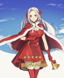 Rule 34 | 1girl, alternate costume, bell, breasts, character name, christmas, cleavage, commentary request, dress, edelgard von hresvelg, fire emblem, fire emblem: three houses, fire emblem heroes, gloves, highres, holding, holding bell, large breasts, long hair, looking at viewer, nanao parakeet, nintendo, purple eyes, solo, star (symbol), thighhighs, white hair