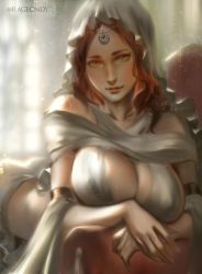 Rule 34 | 1girl, breasts, brown hair, cleavage, curly hair, dark souls (series), highres, jewelry, large breasts, lips, long hair, looking at viewer, portrait, queen of sunlight gwynevere, ragecndy, yellow eyes