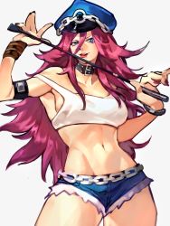 Rule 34 | 1girl, abs, blue eyes, capcom, chain, choker, crop top, final fight, grey background, hair between eyes, hat, highres, holding, holding whip, long hair, looking at viewer, midriff, peaked cap, pink hair, poison (final fight), shorts, simple background, solo, street fighter, uncle rabbit ii, whip
