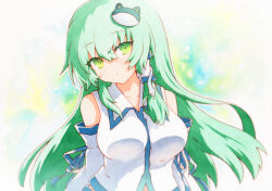 1girl bare_shoulders breasts closed_mouth expressionless frog_hair_ornament green_eyes green_hair hair_ornament hair_tubes highres kochiya_sanae long_hair looking_at_viewer qqqrinkappp shirt single_hair_tube snake_hair_ornament solo touhou upper_body very_long_hair white_shirt white_sleeves