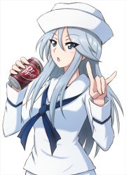 Rule 34 | 10s, 1girl, \n/, blouse, blue eyes, blue neckerchief, can, commentary, dixie cup hat, dr pepper, drink can, flint (girls und panzer), fox shadow puppet, girls und panzer, hat, holding, logo, long hair, long sleeves, looking at viewer, military hat, neckerchief, omachi (slabco), ooarai naval school uniform, open mouth, sailor, sailor collar, school uniform, shirt, silver hair, soda can, solo, standing, upper body, white background, white hat, white shirt