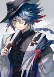 Rule 34 | 1boy, arknights, belt buckle, black jacket, blue hair, buckle, closed mouth, commentary request, eyes visible through hair, eyewear strap, folded fan, folding fan, glasses, grey background, hand fan, hat, jacket, long sleeves, looking at viewer, male focus, mr. nothing (arknights), red eyes, red ribbon, ribbon, sasa onigiri, short hair, simple background, solo, upper body