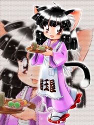 Rule 34 | 1girl, animal ears, cat ears, cat tail, dated, original, solo, tabi, tail, traditional clothes, tray, waitress, zan, zoom layer