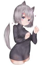 Rule 34 | 1girl, animal ears, black sweater, blush, breasts, cat ears, cat tail, cowboy shot, cropped legs, hair ornament, hairclip, head tilt, heart, highres, long sleeves, looking at viewer, medium breasts, neku (neku draw), no pants, paw pose, ribbed sweater, shiny skin, short hair, silver hair, simple background, solo, standing, sweater, tail, tareme, turtleneck, turtleneck sweater, white background