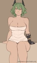 1girl absurdres breasts caesar_king_(zenless_zone_zero) green_hair highres kalruna large_breasts naked_towel prosthesis prosthetic_arm towel zenless_zone_zero