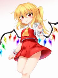 Rule 34 | 1girl, ascot, blonde hair, blush, breasts, collar, collared shirt, crystal, eyes visible through hair, fang, flandre scarlet, gradient background, hair between eyes, hand up, highres, jewelry, looking at viewer, marukyuu ameya, medium breasts, multicolored wings, nail polish, no headwear, open mouth, pink background, ponytail, puffy short sleeves, puffy sleeves, red eyes, red nails, red skirt, red vest, shirt, short hair, short sleeves, skirt, smile, solo, standing, thighs, tongue, touhou, vest, white background, white shirt, white sleeves, wings, wrist cuffs, yellow ascot