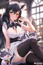 Rule 34 | 1girl, animal ear fluff, animal ears, arm support, black bow, black bowtie, black hair, black thighhighs, blush, bow, bowtie, breasts, cleavage, crossed legs, hair between eyes, hair ornament, hairclip, hololive, indoors, large breasts, long hair, looking at viewer, maid, maid headdress, miofa (ookami mio), mujinbensin, ookami mio, sleeveless, thighhighs, virtual youtuber, wolf ears, wolf girl, yellow eyes