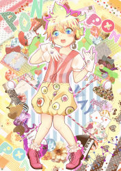 Rule 34 | 1boy, blonde hair, blue eyes, cosplay, earrings, food-themed earrings, full body, gloves, highres, jewelry, kagamine len, kyary pamyu pamyu, male focus, mamakari, open mouth, ponponpon, single earring, solo, song name, star-shaped pupils, star (symbol), symbol-shaped pupils, trap, vocaloid, yume kawaii