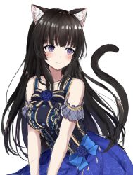 Rule 34 | 1girl, animal ears, bang dream!, bare shoulders, black hair, blue bow, blue bowtie, blue dress, blue flower, blue skirt, blunt bangs, blush, bow, bowtie, breasts, cat ears, closed eyes, collarbone, commentary request, cowboy shot, detached sleeves, dress, floral print, flower, frilled dress, frilled sleeves, frills, large breasts, long hair, looking to the side, mia (fai1510), purple eyes, shirokane rinko, short sleeves, sidelocks, simple background, skirt, solo, tail, white background