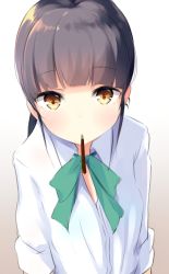 Rule 34 | 1girl, black hair, blush, bow, bowtie, brown eyes, collared shirt, dress shirt, eyebrows, food, gradient background, green bow, green bowtie, grey background, looking at viewer, mimura zaja, original, pocky, pocky day, school uniform, shirt, solo, upper body, white background, white shirt