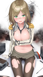 Rule 34 | 1girl, absurdres, between breasts, blush, breast hold, breasts, brown hair, brown pantyhose, cleavage, commentary request, covering privates, covering breasts, epaulettes, glasses, gloves, green eyes, gusset, highres, kantai collection, katori (kancolle), large breasts, long sleeves, looking at viewer, miniskirt, navel, necktie, necktie between breasts, nezumidoshi, open mouth, panties, panties under pantyhose, pantyhose, rimless eyewear, shirt, short hair, sitting, skirt, solo, tears, torn clothes, torn pantyhose, torn shirt, torn skirt, underwear, white gloves