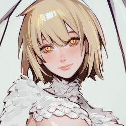 Rule 34 | 1girl, blonde hair, body fur, breasts, chimera, dungeon meshi, falin touden, falin touden (chimera), feathered wings, feathers, hair around ear, lavelis, looking at viewer, medium breasts, monster girl, short hair, simple background, smile, solo, white feathers, wings, yellow eyes
