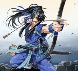 Rule 34 | 10s, 1boy, androgynous, arrow (projectile), black hair, bow (weapon), drifters, indesign, long hair, male focus, nasu no yoichi, ponytail, ribbon, smile, weapon