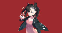 Rule 34 | 1girl, absurdres, aqua eyes, asymmetrical bangs, asymmetrical hair, black hair, black jacket, breasts, choker, collarbone, commentary request, creatures (company), dress, earrings, game freak, hair ribbon, highres, jacket, jewelry, long sleeves, looking at viewer, marnie (pokemon), nintendo, open clothes, pink dress, poke ball, poke ball (basic), pokemon, pokemon swsh, red background, red ribbon, ribbon, simple background, solo, tsubasa19900920, twintails