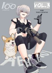 Rule 34 | 1girl, ;d, alma01, animal, assault rifle, bare shoulders, black leggings, black tank top, breasts, cleavage, collarbone, commentary request, dog, geissele urg-i, gloves, grey background, grey eyes, grey footwear, grey gloves, grey hair, gun, holding, holding gun, holding weapon, leggings, looking at viewer, m4 carbine, medium breasts, navel, one eye closed, open mouth, original, ponytail, rifle, sharp teeth, shoes, smile, solo, tank top, teeth, weapon