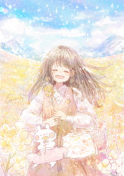 Rule 34 | 1girl, ^ ^, artist name, basket, blue sky, blush stickers, bread, brown hair, brown vest, carrying bag, closed eyes, cloud, day, dress, field, floating hair, flower, flower field, food, highres, holding, holding basket, holding flower, light, long hair, long sleeves, momochy, mountainous horizon, original, pastel colors, pinafore dress, pink skirt, rabbit, rapeseed blossoms, signature, skirt, sky, sleeve cuffs, sleeveless dress, too many flowers, vest, white dress, wind, yellow flower