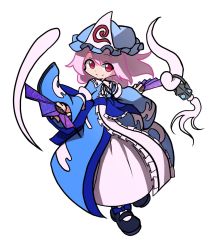 Rule 34 | 1girl, black footwear, blue bow, blue hat, blue kimono, bow, closed mouth, folding fan, footwear bow, full body, ghost, hand fan, hat, holding, holding fan, japanese clothes, kimono, looking at viewer, mob cap, pink hair, puyopuyo, red eyes, saigyouji yuyuko, sash, shinmon akika, short hair, simple background, smile, solo, touhou, triangular headpiece, white background