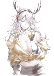 Rule 34 | 1girl, absurdres, antlers, arknights, bare shoulders, black gloves, black hairband, black nails, breasts, cleavage, closed mouth, coldshot (arknights), commentary, crop top, cropped jacket, cup, drinking glass, english commentary, fingerless gloves, fingernails, gloves, grey eyes, hair ornament, hair over one eye, hairband, hand up, highres, holding, holding cup, horns, jacket, large breasts, light smile, long hair, looking at viewer, making-of available, messy hair, midriff, muted color, nail polish, off shoulder, one eye covered, pink hair, simple background, sketch, sleeves past elbows, solo, upper body, video thumbnail, white background, yellow jacket, yiyanbanshengchou