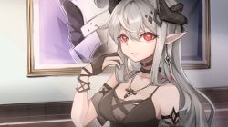 Rule 34 | 1girl, arknights, bare shoulders, black choker, black dress, black gloves, breasts, chinese commentary, choker, cleavage, clenched teeth, collarbone, commentary request, dress, earrings, gloves, hair between eyes, hand up, highres, horns, indoors, infection monitor (arknights), jewelry, long hair, looking at viewer, mudrock (arknights), mudrock (obsidian) (arknights), necklace, official alternate costume, picture frame, pointy ears, qingshanzhongerzhiliaoyuan, red eyes, sidelocks, solo, teeth, upper body, very long hair, white hair