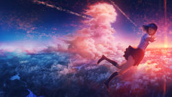 Rule 34 | 1girl, above clouds, ass, black footwear, black hair, black skirt, black socks, blunt bangs, brown eyes, clenched hand, cloud, commentary request, contrail, evening, flying, highres, kenzo 093, kneehighs, lake, landscape, loafers, looking at viewer, mountain, open mouth, original, outstretched arm, pink clouds, river, scenery, shirt, shoes, short hair, short sleeves, skirt, sky, socks, solo, star (sky), starry sky, sunset, thighs, white shirt, wind, wind lift