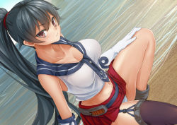 Rule 34 | 10s, 1girl, beach, black hair, breasts, brown eyes, cleavage, collarbone, dutch angle, garter straps, gloves, groin, highres, impossible clothes, impossible shirt, kantai collection, large breasts, long hair, looking at viewer, midriff, midriff peek, miniskirt, navel, neav, panties, pantyshot, personification, ponytail, school uniform, serafuku, shirt, single thighhigh, skirt, solo, thighhighs, underwear, upskirt, white panties, yahagi (kancolle)