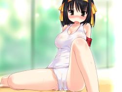 Rule 34 | 00s, 1girl, armband, arms behind back, artist request, black hair, blurry, blurry background, blush, breasts, brown eyes, cameltoe, covered navel, hair ribbon, large breasts, medium hair, one-piece swimsuit, open mouth, peeing, peeing self, public indecency, ribbon, see-through, see-through one-piece swimsuit, see-through swimsuit, sitting, spread legs, suzumiya haruhi, suzumiya haruhi no yuuutsu, sweat, swimsuit, table, wet, white one-piece swimsuit, window, yellow ribbon