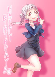 Rule 34 | 1girl, arashi chisato, artist name, artist request, bare legs, belt, black socks, blue cardigan, blue jacket, blush, bow, bowtie, breasts, brown footwear, buttons, cardigan, collared shirt, cropped jacket, crossed arms, double bun, dress, dress shirt, female focus, floating hair, grey belt, grey shirt, grey skirt, hair bun, hair tie, jacket, long hair, long sleeves, looking at viewer, love live!, love live! superstar!!, miniskirt, neck ribbon, o-ring, o-ring belt, parted lips, pink background, pink eyes, plaid, plaid skirt, pleated, pleated skirt, red bow, red ribbon, ribbon, school uniform, shirt, shoes, skirt, small breasts, smile, socks, solo, standing, standing on one leg, twintails, wavy hair, white hair, white shirt, wing collar, yuigaoka school uniform