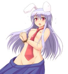 Rule 34 | 1girl, animal ears, bdsm, blush, bondage, bound, bound wrists, breasts, female focus, groin, highres, long hair, necktie, nipples, open mouth, phantom2071, purple hair, rabbit ears, red eyes, red necktie, reisen udongein inaba, rope, simple background, skirt, solo, sweat, tears, topless, touhou, white background