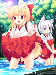 Rule 34 | 2girls, :&lt;, :d, animal ear fluff, animal ears, blonde hair, bow, day, fang, forest, fox ears, fox tail, hair bow, hakama, hakama short skirt, hakama skirt, haori, in water, japanese clothes, multiple girls, nature, nontraditional miko, open mouth, original, outdoors, partially submerged, roshin, short hair, short sleeves, silver hair, skirt, skirt hold, smile, tail, tree, wading, water, water drop