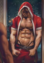 Rule 34 | 2boys, abs, aenaluck, alcohol, audec (aenaluck), bara, bare pectorals, belt, black belt, bottle, closed eyes, facial hair, facial scar, highres, holding, holding bottle, hood, hood up, hooded shirt, large pectorals, male focus, multiple boys, muscular, muscular male, navel, nipples, open clothes, open shirt, original, pants, pectorals, red pants, red shirt, santa costume, scar, scar on cheek, scar on chest, scar on face, shirt, solo focus, tongue, tongue out