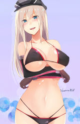 Rule 34 | 10s, 1girl, bare shoulders, bikini, bismarck (kancolle), black bikini, blonde hair, blue eyes, breasts, detached sleeves, elbow gloves, gloves, hat, huge breasts, kantai collection, midriff, multicolored bikini, multicolored clothes, navel, open mouth, peaked cap, sakiryo kanna, solo, stomach, swimsuit