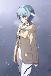 Rule 34 | 10s, 1girl, ayanami rei, bad id, bad pixiv id, bandages, blush, coat, evangelion: 3.0 you can (not) redo, hood, long coat, looking at viewer, neon genesis evangelion, one eye covered, plugsuit, rebuild of evangelion, red eyes, short hair, snow, snowing, solo, toggles, ume (plumblossom)