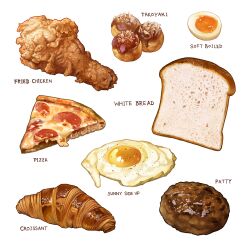 Rule 34 | bread, bread slice, cheese, chicken (food), croissant, egg (food), food, food focus, food name, fried chicken, fried egg, jchoy, meat, no humans, original, pepperoni, pizza, pizza slice, softboiled egg, takoyaki, white background