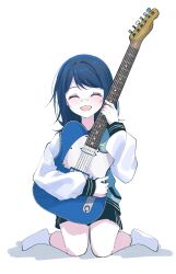 Rule 34 | 1girl, :d, absurdres, aged down, bandaid, bandaid on face, bandaid on nose, black shorts, blue hair, blue jacket, blush, closed eyes, dot nose, electric guitar, facing viewer, fender telecaster, full body, guitar, highres, holding, holding instrument, hoshino ichika (project sekai), instrument, jacket, letterman jacket, long sleeves, medium hair, no shoes, open mouth, project sekai, ritzchrono, shorts, sidelocks, simple background, sitting, sleeve cuffs, smile, socks, solo, swept bangs, teeth, upper teeth only, wariza, white background, white jacket, white socks