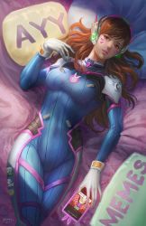 Rule 34 | 10s, 1girl, 2016, animal print, armor, artist name, bed sheet, bodysuit, bracer, breasts, brown eyes, brown hair, cellphone, covered navel, cowboy shot, d.va (overwatch), dated, emblem, facepaint, facial mark, gloves, hand up, headphones, legs together, lips, logo, long hair, long sleeves, lying, medium breasts, nopeys, on back, on bed, overwatch, overwatch 1, parted lips, pauldrons, phone, pillow, pilot suit, pink lips, rabbit print, ribbed bodysuit, shoulder armor, shoulder pads, skin tight, smartphone, solo, thigh strap, thighhighs, turtleneck, whisker markings, white gloves, yes-no pillow