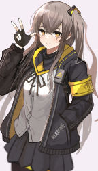 Rule 34 | 1girl, 404 logo (girls&#039; frontline), armband, black jacket, black nails, black skirt, brown eyes, brown hair, commentary request, cowboy shot, fingerless gloves, girls&#039; frontline, gloves, hair between eyes, hair ornament, hand in pocket, highres, jacket, koenza botoke, light blush, long hair, long sleeves, looking at viewer, nail polish, one side up, open clothes, open jacket, pleated skirt, scar, scar across eye, scar on face, shirt, sidelocks, skirt, smile, solo, split mouth, ump45 (girls&#039; frontline), w, white shirt, yellow pupils