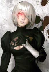 Rule 34 | 1girl, absurdres, black dress, black hairband, breasts, cleavage cutout, clothing cutout, dress, feather-trimmed sleeves, female focus, glowing, glowing eyes, hairband, highres, looking at viewer, medium breasts, mole, mole under mouth, nier (series), nier:automata, pale skin, parted lips, red eyes, short hair, silver hair, solo, upper body, watanabe yasuaki, 2b (nier:automata)