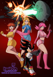 Rule 34 | 1boy, 3girls, assentlov, blonde hair, blue eyes, boots, breasts, brown hair, comet, earrings, explosion, expressionless, flower earrings, furry, gloves, highres, jewelry, laser, maria robotnik, mario (series), midriff, multiple girls, nintendo, open mouth, original, pianta, pink hair, princess daisy, red eyes, scarf, sega, serious, shadow the hedgehog, shadow the hedgehog (game), ship, skirt, sonic (series), sonic adventure 2, space colony ark, super mario land, twitch, watercraft