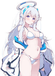 Rule 34 | 1girl, bikini, blue archive, blush, breasts, closed mouth, collarbone, halkawa501, halo, highres, jacket, jacket partially removed, large breasts, long hair, long sleeves, looking at viewer, mechanical halo, navel, noa (blue archive), purple eyes, simple background, smile, solo, standing, swimsuit, two-sided fabric, two-sided jacket, white background, white bikini, white hair, white halo, white jacket