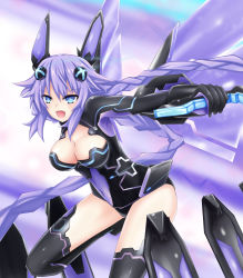 Rule 34 | &gt;:o, 10s, 1girl, :o, absurdres, armpits, blue eyes, braid, breasts, cleavage, cleavage cutout, clothing cutout, d-pad, d-pad hair ornament, detached wings, fighting stance, floating, floating hair, floating object, foreshortening, from side, gradient background, hair ornament, headgear, highres, holding, holding weapon, large breasts, leaning forward, leg up, leotard, long hair, looking at viewer, magical girl, neptune (neptunia), neptune (series), open mouth, outstretched arm, power symbol, power symbol-shaped pupils, purple hair, purple heart (neptunia), shishin (shishintei), sidelocks, solo, sword, symbol-shaped pupils, turtleneck, twin braids, v-shaped eyebrows, vambraces, very long hair, weapon, wings