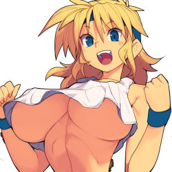 Rule 34 | 1girl, :d, bad id, bad twitter id, blonde hair, blue headwear, breasts, clenched teeth, commentary request, hair between eyes, headband, large breasts, long hair, looking at viewer, lune zoldark, metata, no bra, open mouth, short hair, simple background, smile, solo, super robot wars, teeth, underboob, upper body, upper teeth only, white background