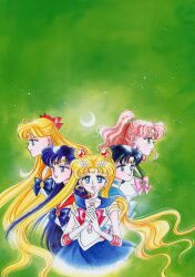 1990s_(style) 5girls absurdres aino_minako artbook bishoujo_senshi_sailor_moon black_hair blonde_hair blue_choker blue_hair blue_sailor_collar blue_skirt bow choker crescent crescent_moon double_bun earrings gloves green_background green_sailor_collar hair_bow hair_bun half_updo highres hino_rei incredibly_absurdres inner_senshi jewelry kino_makoto lips long_hair magical_girl mizuno_ami moon multiple_girls official_alternate_hair_color official_art orange_sailor_collar pink_hair pink_lips ponytail red_bow red_choker retro_artstyle sailor_collar sailor_jupiter sailor_mars sailor_mercury sailor_moon sailor_senshi sailor_senshi_uniform sailor_venus scan short_hair skirt smile takeuchi_naoko tsukino_usagi very_long_hair wavy_hair weapon_request white_gloves