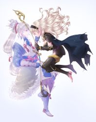 Rule 34 | 1boy, 1girl, armor, barefoot, black armor, bow (weapon), breasts, cape, cleavage, closed eyes, corrin (female) (fire emblem), corrin (fire emblem), fire emblem, fire emblem fates, gauntlets, gloves, highres, holding, holding bow (weapon), holding weapon, japanese clothes, medium breasts, nintendo, pointy ears, ponytail, red eyes, sandals, smile, stirrup legwear, takumi (fire emblem), thighhighs, toeless legwear, torn cape, torn clothes, weapon, white hair, yori (a a yori)