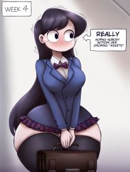 Rule 34 | 1girl, ass expansion, bag, black eyes, black hair, black thighhighs, blush, breasts, constricted pupils, cowboy shot, curvy, full-face blush, grey background, highres, jacket, komi-san wa komyushou desu, komi shouko, large breasts, long hair, long sleeves, looking to the side, metachoke, miniskirt, nervous, no mouth, panties, pleated skirt, school bag, school uniform, shaking, simple background, skirt, solo, standing, sweat, text focus, thick thighs, thighhighs, thighs, underwear, white panties, wide hips